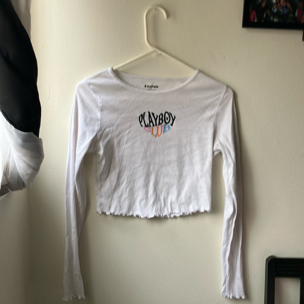 White Playboy Long Sleeve Crop Top